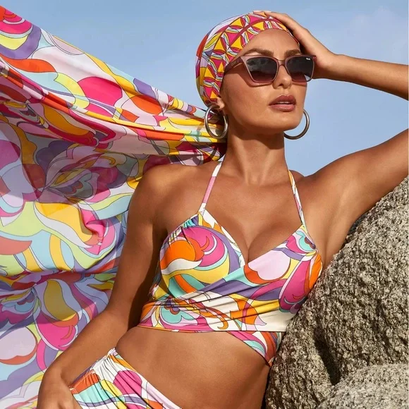 Carmen Marc Valvo by BOSTON PROPER Underwire Wrap Sunset Waves Print Bikini Top - Picture 6 of 13